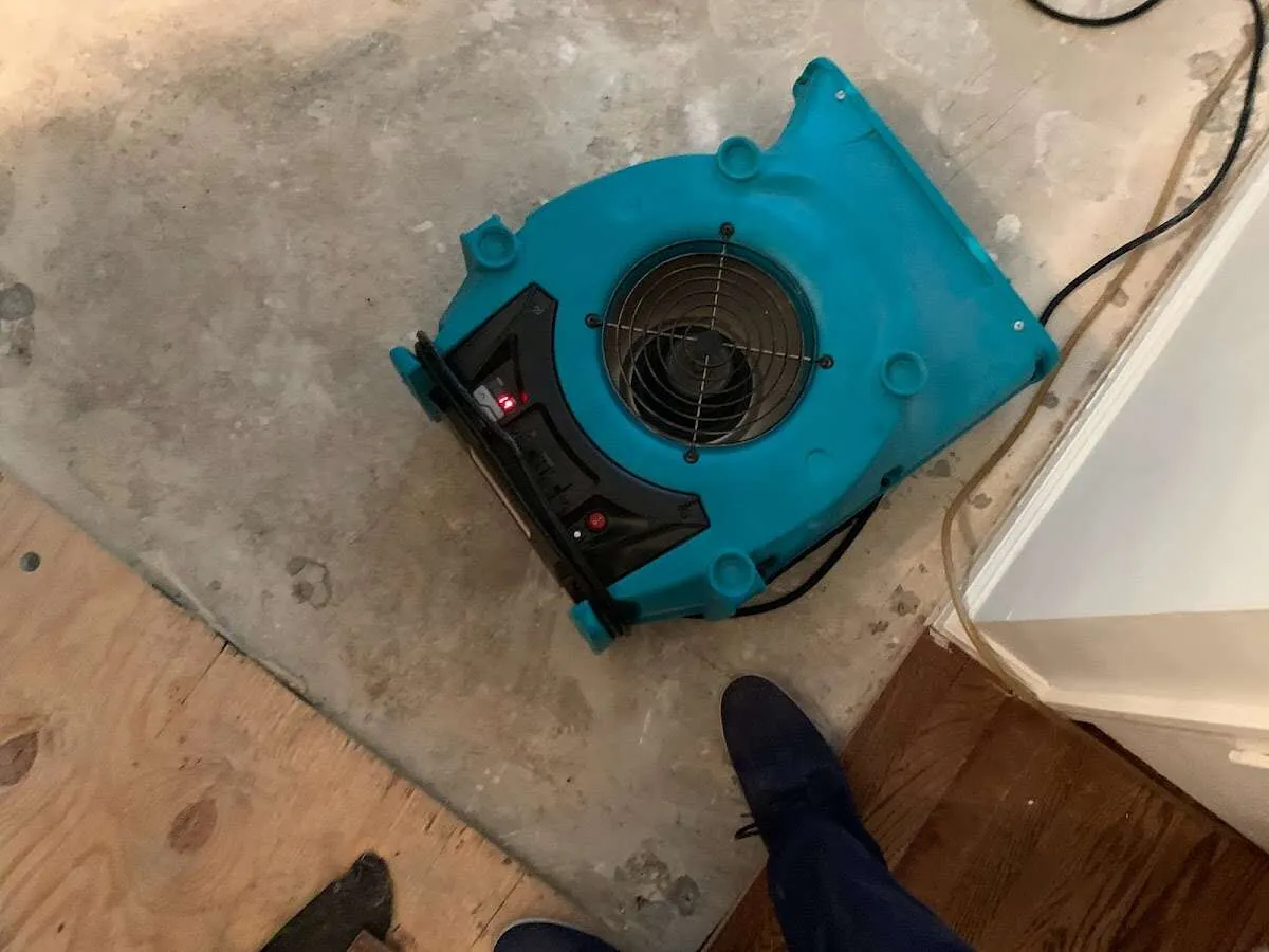 Air mover drying subfloor during Commercial Water Damage Restoration in Sun Prairie